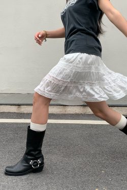 White Pearl Lace Silk Skirt & Vintage Ink Leak Printed Gray T-shirt Set - Hot Girl Aesthetic, Y2K Style, Dual Cultivation Look