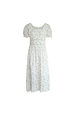 White Peony Lily Floral Dress - Women's Summer Loose Waist-Defined Long Dress in White - Vintage 90s Inspired Korean Style