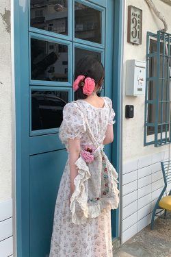 White Peony Lily Floral Dress - Women's Summer Loose Waist-Defined Long Dress in White - Vintage 90s Inspired Korean Style