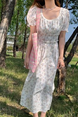 White Peony Lily Floral Dress - Women's Summer Loose Waist-Defined Long Dress in White - Vintage 90s Inspired Korean Style