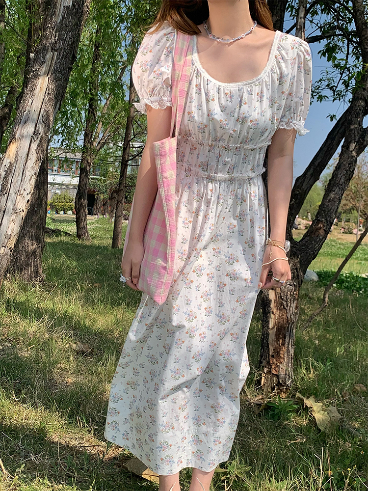 White Peony Lily Floral Dress - Women's Summer Loose Waist-Defined Long Dress in White - Vintage 90s Inspired Korean Style White Peony Lily Floral Dress - Women's Summer Loose Waist-Defined Long Dress in White - Vintage 90s Inspired Korean Style