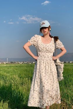White Peony Lily Floral Dress - Women's Summer Loose Waist-Defined Long Dress in White - Vintage 90s Inspired Korean Style