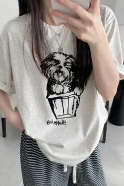 White Printed Short-Sleeve T-Shirt for Women - Loose Round Neck, Spring/Summer Cotton Top with Sun Grapefruit Design, Casual Style