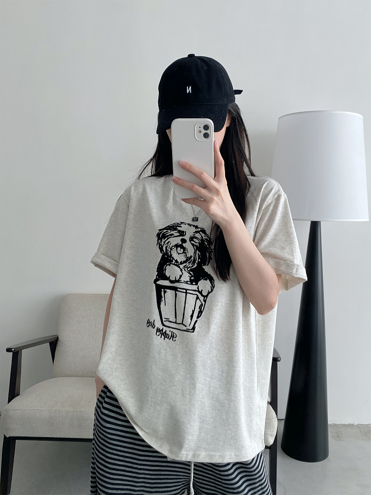 White Printed Short-Sleeve T-Shirt for Women - Loose Round Neck, Spring/Summer Cotton Top with Sun Grapefruit Design, Casual Style White Printed Short-Sleeve T-Shirt for Women - Loose Round Neck, Spring/Summer Cotton Top with Sun Grapefruit Design, Casual Style