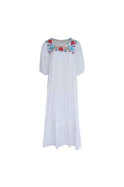 White Retro Embroidered Cotton-Linen Summer Dress for Women, Loose U-Neck Puff Sleeve, Vintage Style, Boho Fashion