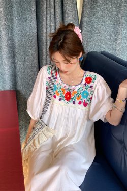 White Retro Embroidered Cotton-Linen Summer Dress for Women, Loose U-Neck Puff Sleeve, Vintage Style, Boho Fashion