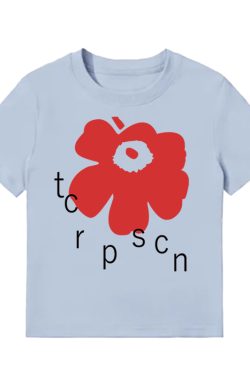 White Round Neck Short-Sleeve T-Shirt for Women with Red Floral Letter Print, Casual Slim Fit Summer Top, Y2K INS Style