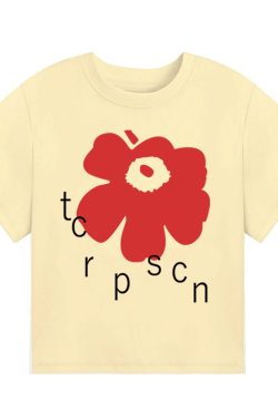 White Round Neck Short-Sleeve T-Shirt for Women with Red Floral Letter Print, Casual Slim Fit Summer Top, Y2K INS Style