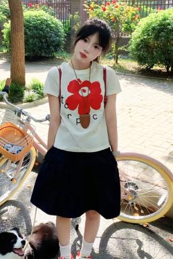 White Round Neck Short-Sleeve T-Shirt for Women with Red Floral Letter Print, Casual Slim Fit Summer Top, Y2K INS Style