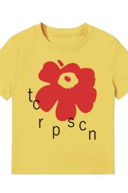 White Round Neck Short-Sleeve T-Shirt for Women with Red Floral Letter Print, Casual Slim Fit Summer Top, Y2K INS Style