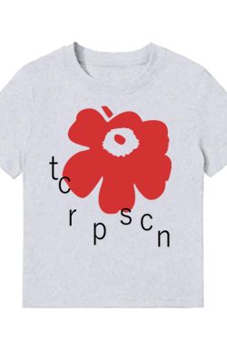 White Round Neck Short-Sleeve T-Shirt for Women with Red Floral Letter Print, Casual Slim Fit Summer Top, Y2K INS Style