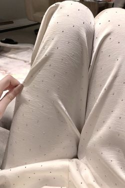 White Satin Wide-Leg Pants for Women with Rhinestone Detail, Loose Fit, Flattering Draping, Versatile Y2K Style Long Trousers