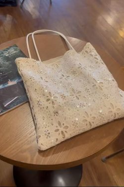 White Sequined Lace Handbag with Hollow Design - Large Capacity Commuter Tote & Shoulder Bag for Chic Everyday Style