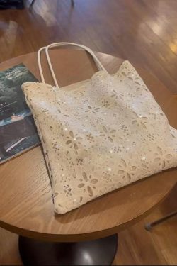 White Sequined Lace Handbag with Hollow Design - Large Capacity Commuter Tote & Shoulder Bag for Chic Everyday Style