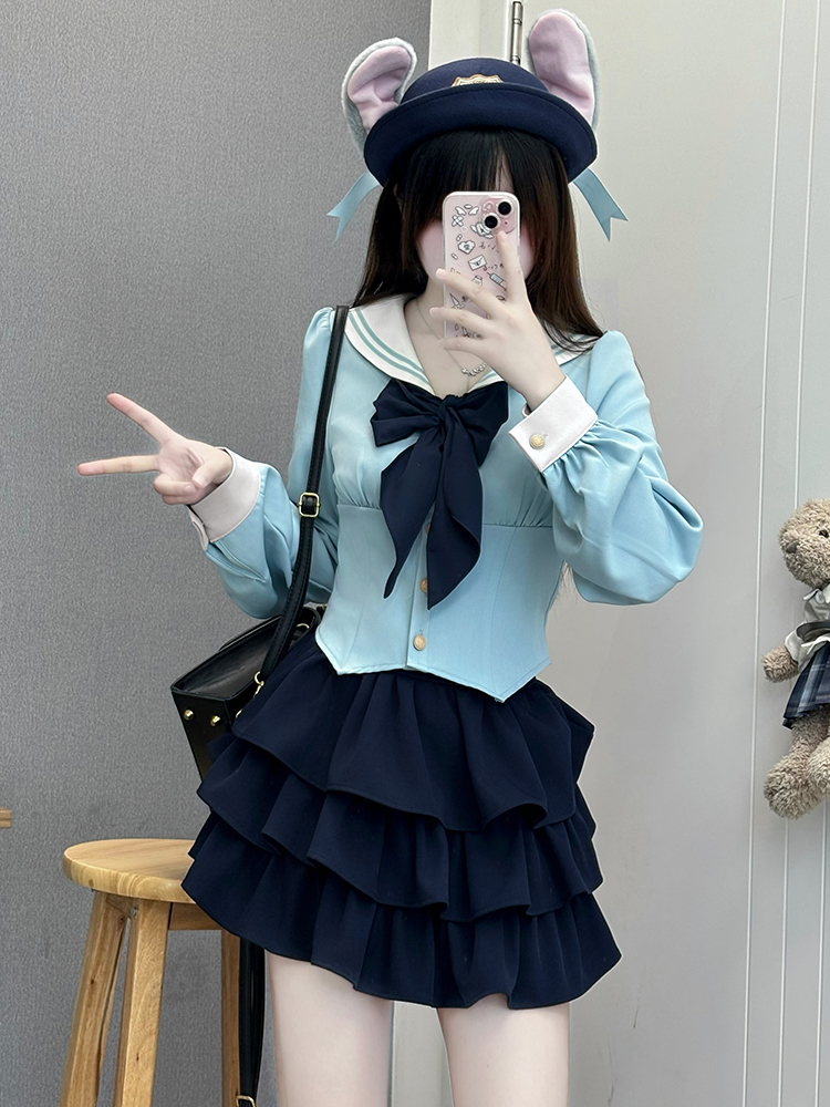 White Short-Sleeve Sailor Suit JK Uniform Set with Waist-Cinching Design - Cute Pudding Bear Style for Y2K Fashion White Short-Sleeve Sailor Suit JK Uniform Set with Waist-Cinching Design - Cute Pudding Bear Style for Y2K Fashion