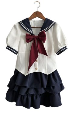White Short-Sleeve Sailor Suit JK Uniform Set with Waist-Cinching Design - Cute Pudding Bear Style for Y2K Fashion