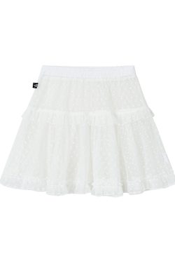 White Snow Lace Mesh Polka Dot Ruffled Elastic Waist Layered Sheer Half Skirt - Cute Y2K Style Party Skirt for Trendy Outfits
