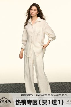 White Sun-Protective Linen Long Sleeve Shirt and Relaxed Ramie Pants Set for Women - Chic Summer Outfit