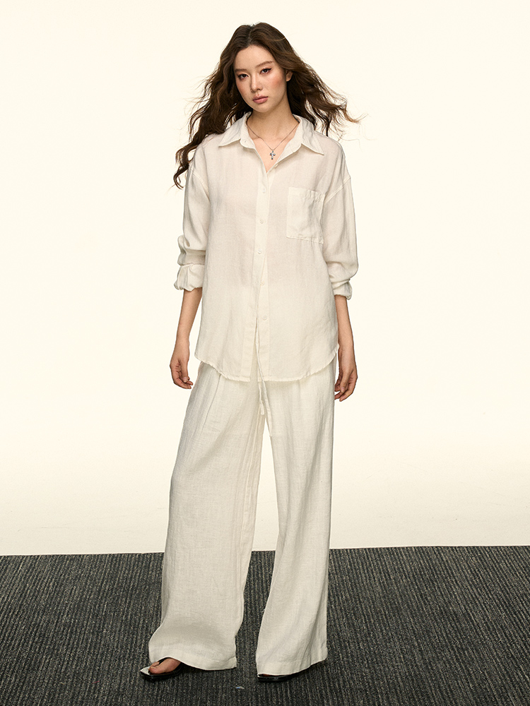 White Sun-Protective Linen Long Sleeve Shirt and Relaxed Ramie Pants Set for Women - Chic Summer Outfit White Sun-Protective Linen Long Sleeve Shirt and Relaxed Ramie Pants Set for Women - Chic Summer Outfit
