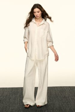 White Sun-Protective Linen Long Sleeve Shirt and Relaxed Ramie Pants Set for Women - Chic Summer Outfit