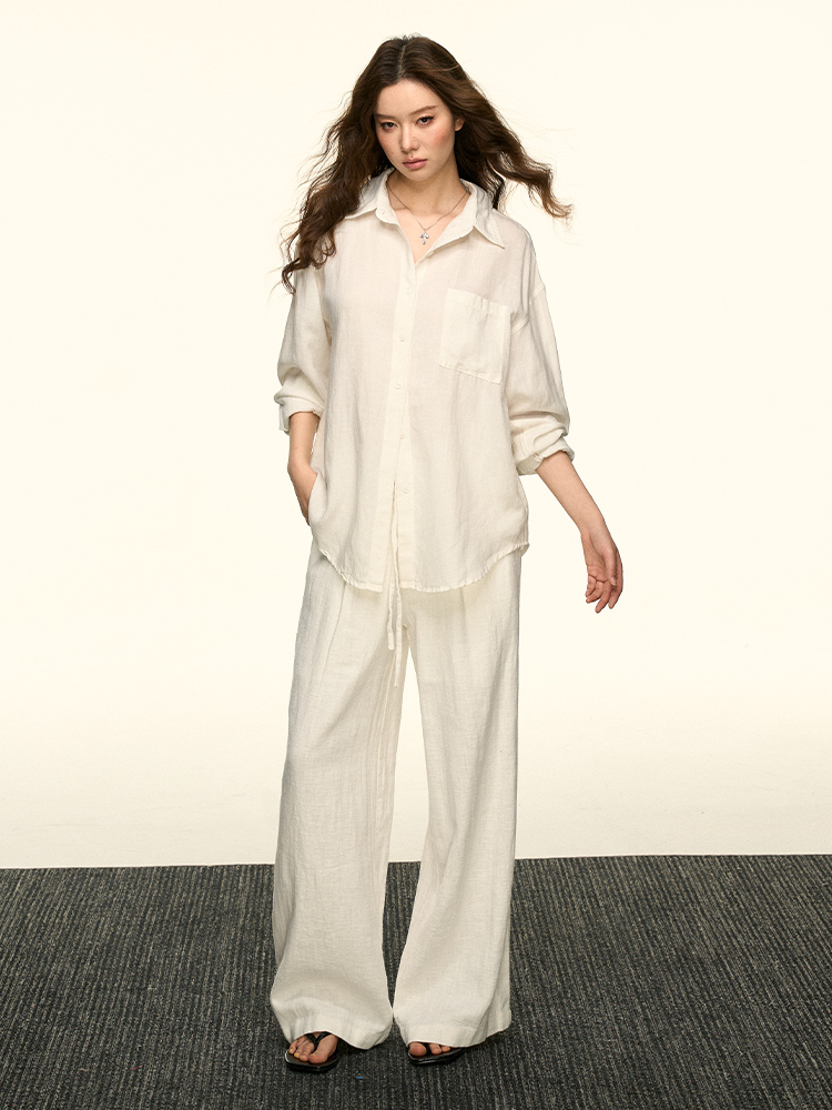 White Sun-Protective Linen Long Sleeve Shirt and Relaxed Ramie Pants Set for Women - Chic Summer Outfit White Sun-Protective Linen Long Sleeve Shirt and Relaxed Ramie Pants Set for Women - Chic Summer Outfit