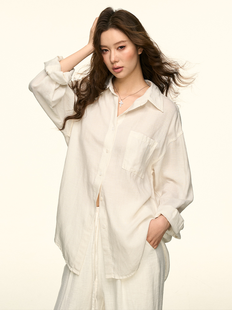 White Sun-Protective Linen Long Sleeve Shirt and Relaxed Ramie Pants Set for Women - Chic Summer Outfit White Sun-Protective Linen Long Sleeve Shirt and Relaxed Ramie Pants Set for Women - Chic Summer Outfit