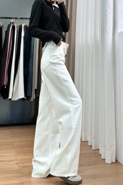 White Wide-Leg Pants for Women - Summer 2025 Thin Straight-Leg Jeans, Plus Size for Curvy Figures, Flattering Fit for Petites