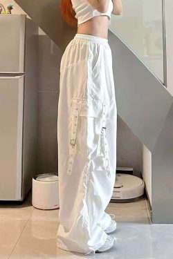 White Wide-Leg Work Pants for Women - Casual Hip-Hop Street Dance Style, Loose Fit, Floor-Length Sports Trousers