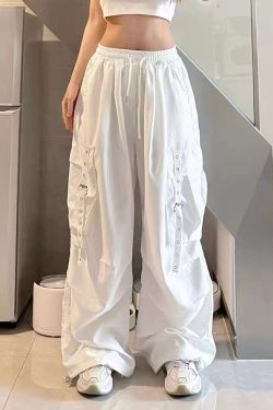 White Wide-Leg Work Pants for Women - Casual Hip-Hop Street Dance Style, Loose Fit, Floor-Length Sports Trousers