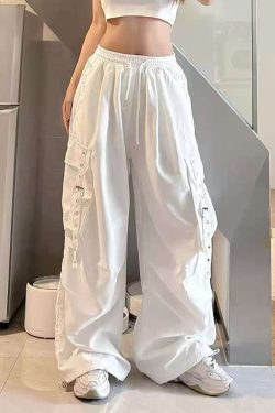 White Wide-Leg Work Pants for Women - Casual Hip-Hop Street Dance Style, Loose Fit, Floor-Length Sports Trousers