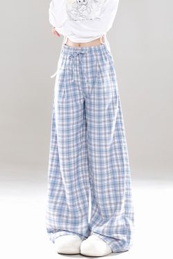 Wide-Leg Plaid Casual Pants for Women - Spring Summer Loose BF Style, Draping Straight Long Trousers, Trendy 90s Inspired