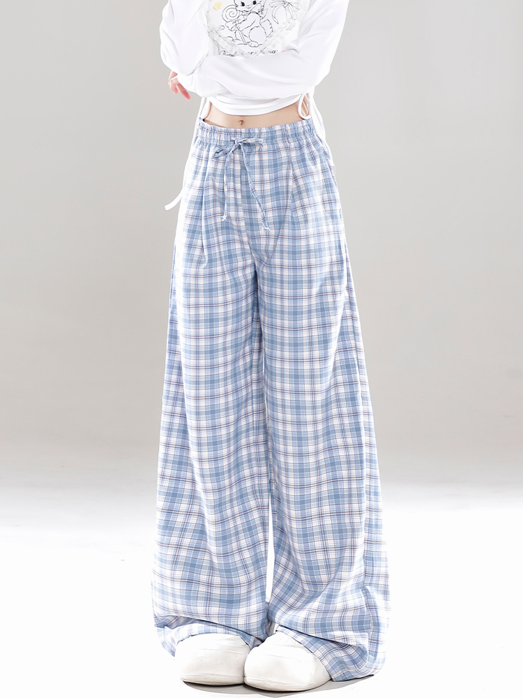 Wide-Leg Plaid Casual Pants for Women - Spring Summer Loose BF Style, Draping Straight Long Trousers, Trendy 90s Inspired Wide-Leg Plaid Casual Pants for Women - Spring Summer Loose BF Style, Draping Straight Long Trousers, Trendy 90s Inspired