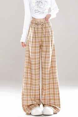 Wide-Leg Plaid Casual Pants for Women - Spring Summer Loose BF Style, Draping Straight Long Trousers, Trendy 90s Inspired