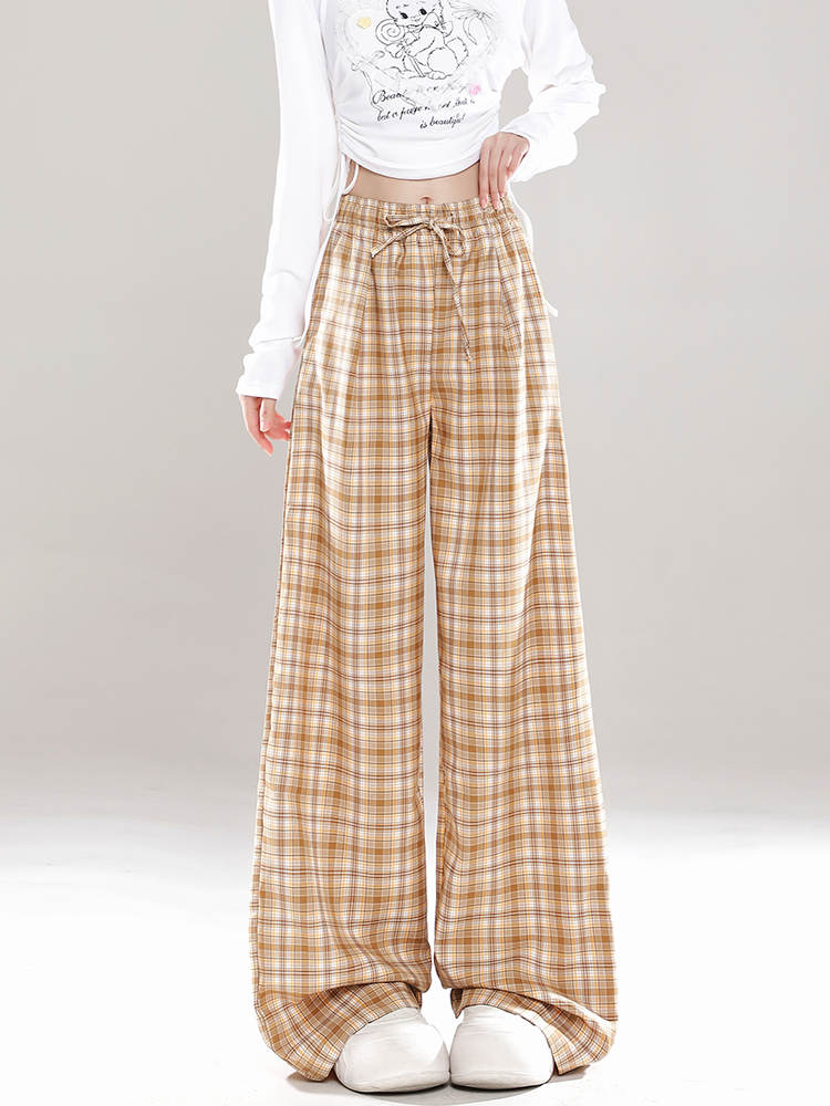 Wide-Leg Plaid Casual Pants for Women - Spring Summer Loose BF Style, Draping Straight Long Trousers, Trendy 90s Inspired Wide-Leg Plaid Casual Pants for Women - Spring Summer Loose BF Style, Draping Straight Long Trousers, Trendy 90s Inspired