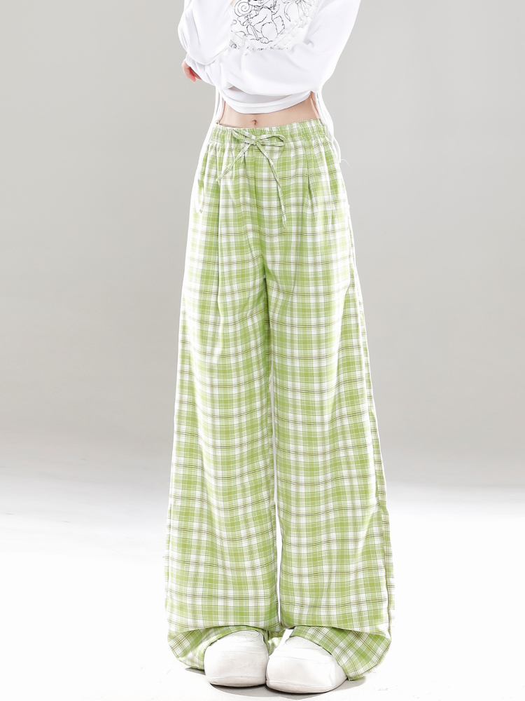 Wide-Leg Plaid Casual Pants for Women - Spring Summer Loose BF Style, Draping Straight Long Trousers, Trendy 90s Inspired Wide-Leg Plaid Casual Pants for Women - Spring Summer Loose BF Style, Draping Straight Long Trousers, Trendy 90s Inspired