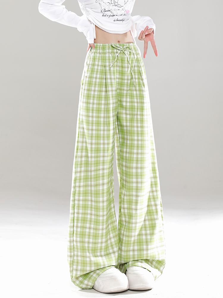 Wide-Leg Plaid Casual Pants for Women - Spring Summer Loose BF Style, Draping Straight Long Trousers, Trendy 90s Inspired Wide-Leg Plaid Casual Pants for Women - Spring Summer Loose BF Style, Draping Straight Long Trousers, Trendy 90s Inspired