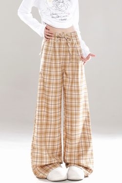 Wide-Leg Plaid Casual Pants for Women - Spring Summer Loose BF Style, Draping Straight Long Trousers, Trendy 90s Inspired