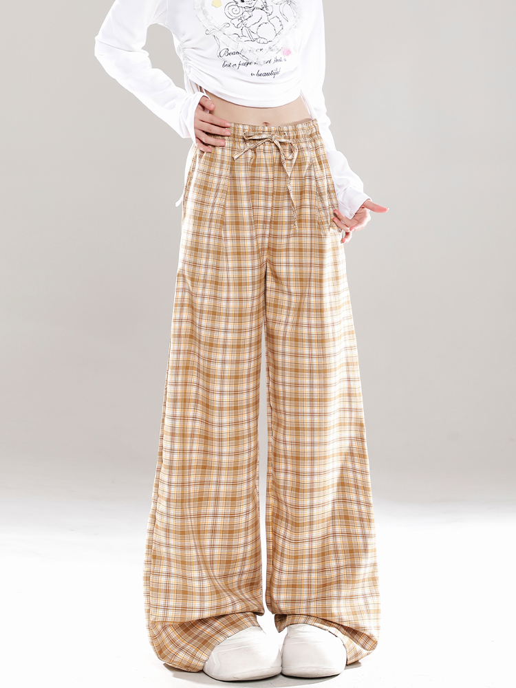 Wide-Leg Plaid Casual Pants for Women - Spring Summer Loose BF Style, Draping Straight Long Trousers, Trendy 90s Inspired Wide-Leg Plaid Casual Pants for Women - Spring Summer Loose BF Style, Draping Straight Long Trousers, Trendy 90s Inspired