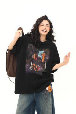 Wild A-Zi Short Sleeve T-Shirt for Women with American Vintage Cartoon Print - Casual Loose-Fit Round Neck Top for Trendy Style