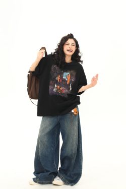 Wild A-Zi Short Sleeve T-Shirt for Women with American Vintage Cartoon Print - Casual Loose-Fit Round Neck Top for Trendy Style