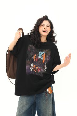 Wild A-Zi Short Sleeve T-Shirt for Women with American Vintage Cartoon Print - Casual Loose-Fit Round Neck Top for Trendy Style