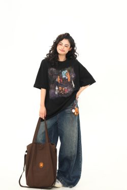 Wild A-Zi Short Sleeve T-Shirt for Women with American Vintage Cartoon Print - Casual Loose-Fit Round Neck Top for Trendy Style