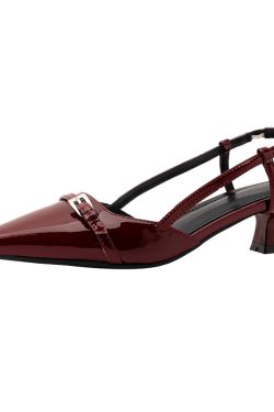 Wine Red Patent Leather Cat Heel Sandals - Vintage Closed Toe, Pointed Toe Design, Italian Style Low Heels