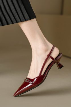 Wine Red Patent Leather Cat Heel Sandals - Vintage Closed Toe, Pointed Toe Design, Italian Style Low Heels