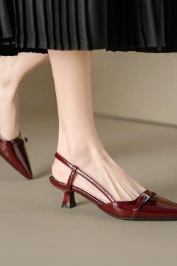 Wine Red Patent Leather Cat Heel Sandals - Vintage Closed Toe, Pointed Toe Design, Italian Style Low Heels