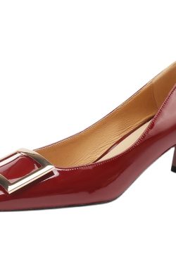 Wine Red Patent Leather High Heels for Women - Chunky Heel, Shallow Mouth, Square Buckle - Stylish Italian Design