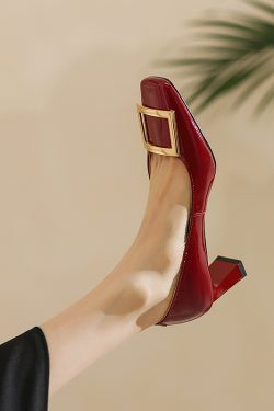 Wine Red Patent Leather High Heels for Women - Chunky Heel, Shallow Mouth, Square Buckle - Stylish Italian Design