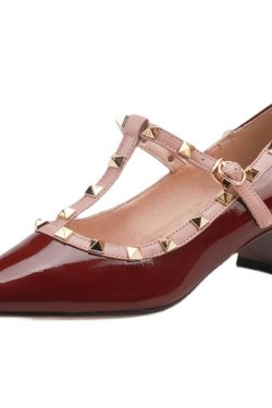 Wine Red Patent Leather Studded Pointed Toe Lolita Mid-Heel Shoes – Vintage Italian Style, Y2K Inspired Footwear