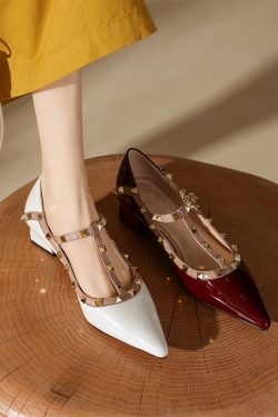 Wine Red Patent Leather Studded Pointed Toe Lolita Mid-Heel Shoes – Vintage Italian Style, Y2K Inspired Footwear
