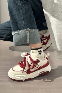 Wine Red Women's Sneakers - Summer Mesh Breathable Thick-Soled Board Shoes - Trendy Casual Style for Women